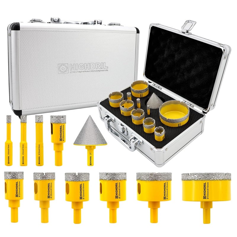 HIGHDRIL 11Pcs Diamond Hole Saw Kit - 1/4", 5/16", 3/8", 4/5", 1", 1-1/8", 1-1/4", 1-3/8", 1-3/4", 2-1/2" Drill Bits with 2" Chamfer Beveling Bit for Tile Porcelain Ceramic Granite Marble Stone - Image 1